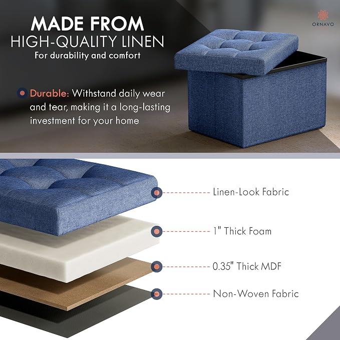 Ornavo Home Small Storage Ottoman, Foldable Collapsible Rectangle Linen Ottoman - Image 4
