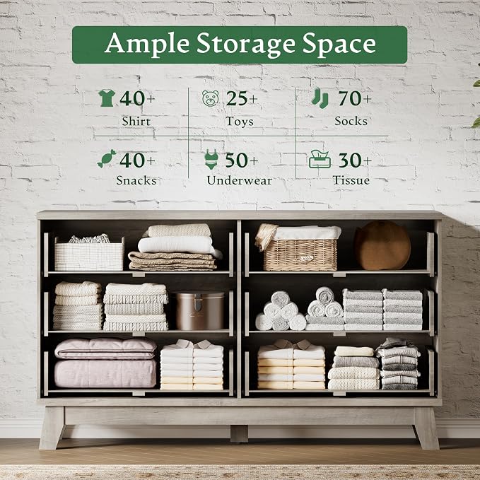 Fluted Dresser with 6 Drawers, Wooden Dresser TV Stand, Wood Closet Clothes - Image 4