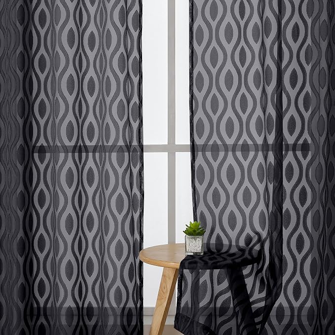 Aiyufeng Black Kitchen Curtains 14 Inch Length, Clip Jacquard Chic Wavy Line - Image 3