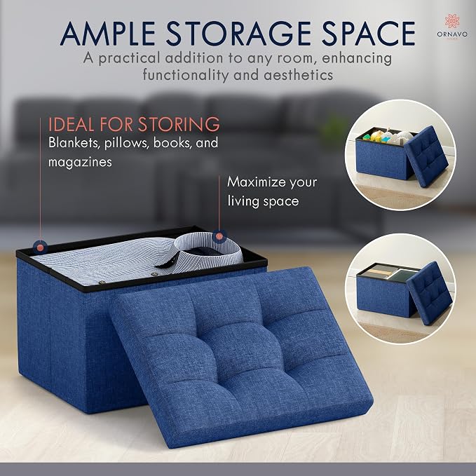 Ornavo Home Small Storage Ottoman Foldable Collapsible Rectangle Linen Ottoman - Image 3