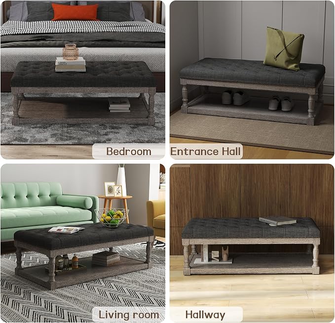 48" Large Ottoman with Storage Coffee Table, Upholstered Tufted Linen Ottoman - Image 5