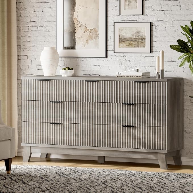 Fluted Dresser with 7 Drawers, Wooden Dresser TV Stand, Wood Closet Clothes - Image 3