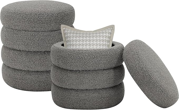 Round Ottoman with Storage Boucle Ottoman Stool Removable Lid by Krcix