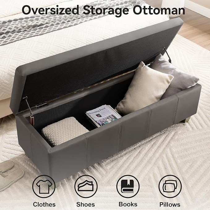 51" Faux Leather Storage Ottoman, Stitch Tufted Rectangle Upholstered End of - Image 3