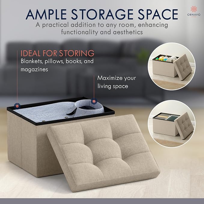 Ornavo Home Small Storage Ottoman, Foldable Collapsible Rectangle Linen Ottoman - Image 4