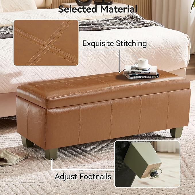 41" Faux Leather Storage Ottoman, Stitch Tufted Rectangle Upholstered End of - Image 3
