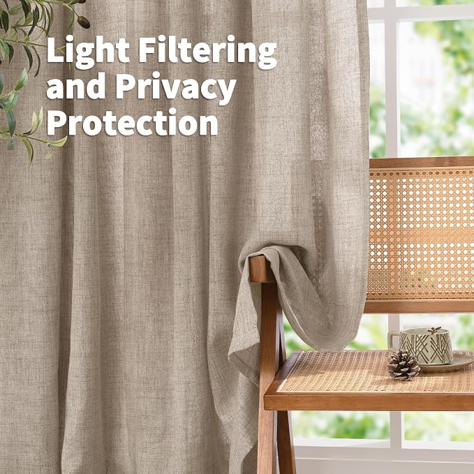 YoungsTex Oatmeal Linen Semi Sheer Curtains 63 Inch Length - Image 3