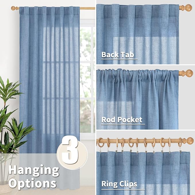 YoungsTex Denim Blue Linen Semi Sheer Curtains 84 Inches Long - Image 5