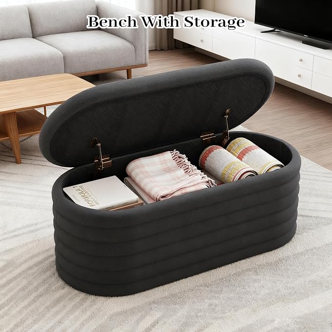 Storage Ottoman Bench, Upholstered Fabric Storages Benches End of Bed Stool - Image 6