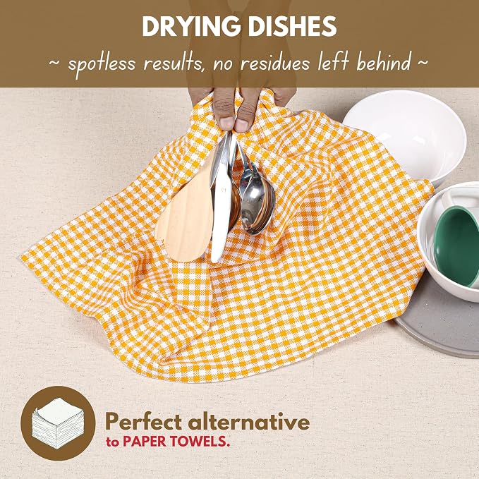 Native Fab 4 Pack Yellow Gingham Cotton Dish Towels 16"x26" - Image 3