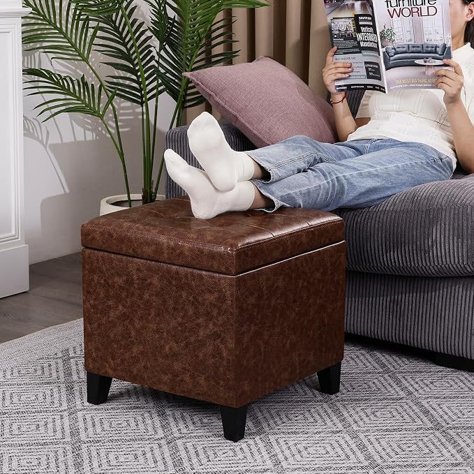 Adeco 18" Storage Ottoman Foot Rest Stool, Walnut Leather Ottoman - Image 5