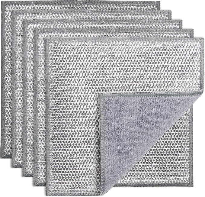 2 in 1 Stainless Steel Scrubber & Microfiber Cleaning Cloth, 5 Pack Towel & by PIPUHA