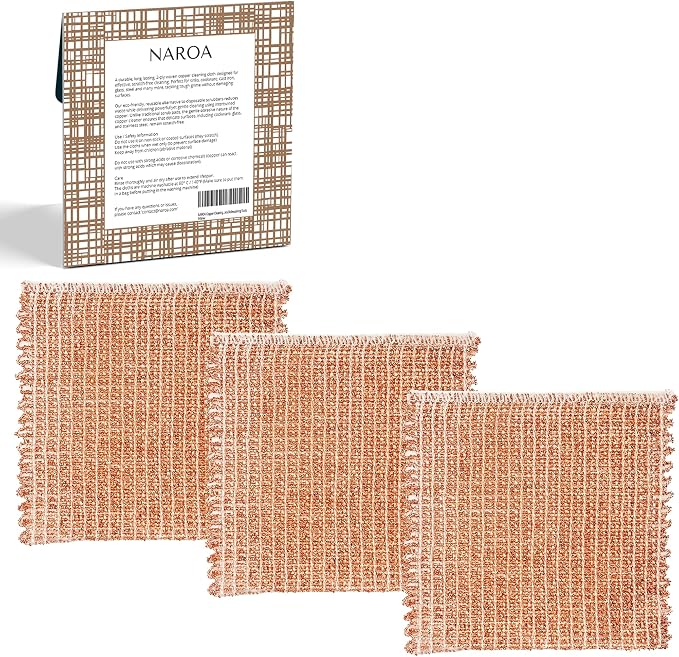 Naroa Copper Scrubbing Pads 3 Pack | 2-Ply Non-Abrasive Metal Mesh Scrubber | by Naroa
