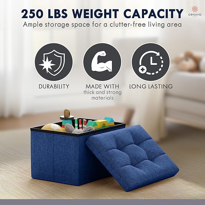 Ornavo Home Small Storage Ottoman Foldable Collapsible Rectangle Linen Ottoman - Image 7