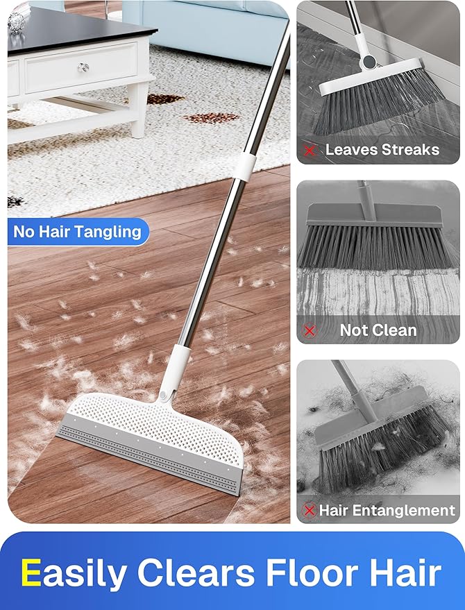 Floor Squeegee & Broom with Long Handle, 180° Rotating Head Silicone Blade - Image 3