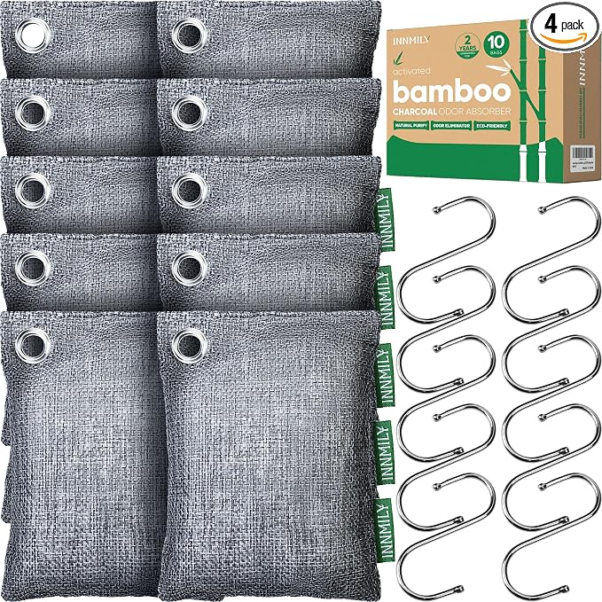 Activated Charcoal Odor Absorber, Large 10 Pack w Hooks Nature Odor Remover by Innmily