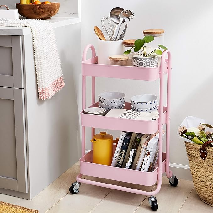 Amazon Basics 3-Tier Rolling Utility or Kitchen Cart, Lockable Wheels, Dusty - Image 6