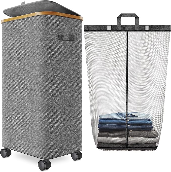 Laundry Hamper with Wheels, 29 Gal Laundry Basket with lid Rolling Clothes by Wuevu