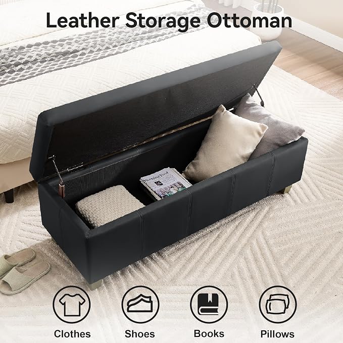 41" Faux Leather Storage Ottoman, Stitch Tufted Rectangle Upholstered End of - Image 3